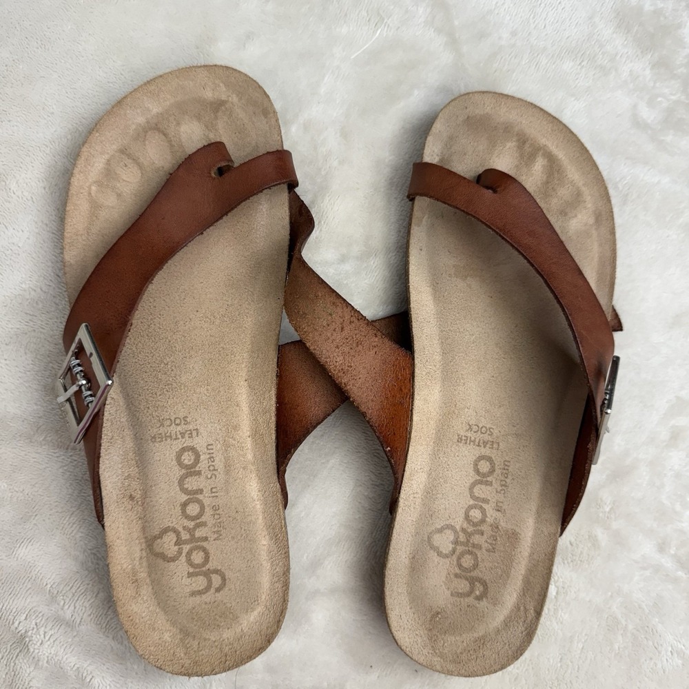 Yokono Leather Toe Loop Sandals Brown Buckle Comfort Slide Women EU 37 US 6.5 - Picture 11 of 11